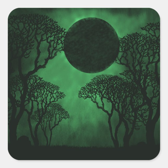Dunkle Forest Eclipse Square Sticker, grün Quadratischer Aufkleber (Vorderseite)