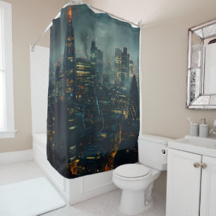 Dunkle Futuristische Stormy City Duschvorhang