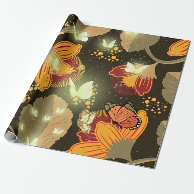 Dunkle Garden-Blume und Lighten Butterfliegen Geschenkpapier (Ungerollt)