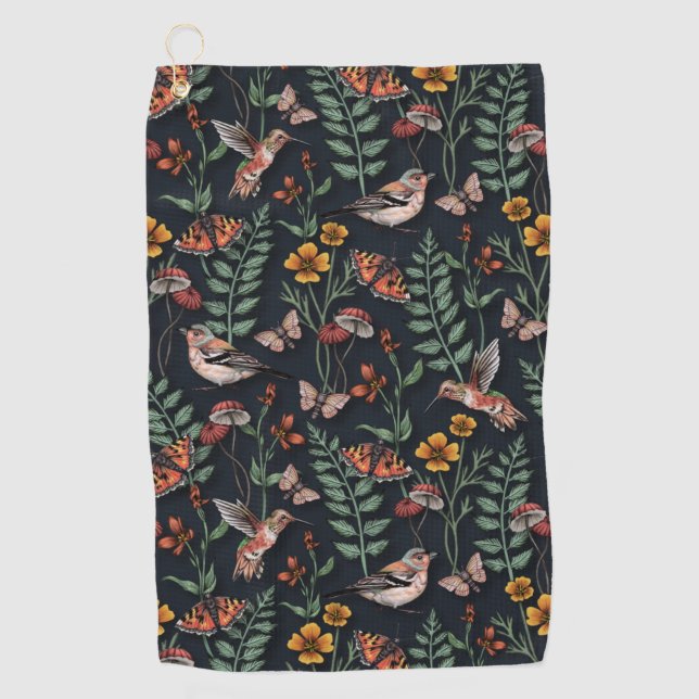 Dunkle Gartenvögel und Schmetterlinge Golfhandtuch (Vorderseite)