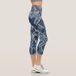 Dunkle gestörte Denim Patchwork und Braids Capri Leggings