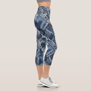 Dunkle gestörte Denim Patchwork und Braids Capri Leggings