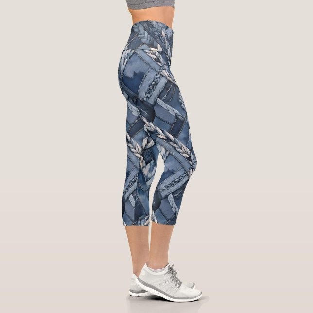 Dunkle gestörte Denim Patchwork und Braids Capri Leggings (Rechts)