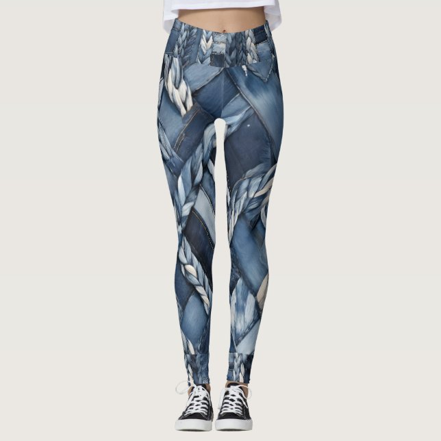 Dunkle gestörte Denim Patchwork und Braids Leggings (Vorderseite)