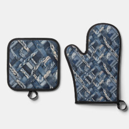 Dunkle gestörte Denim Patchwork und Braids Ofenhandschuh & Topflappen-Set