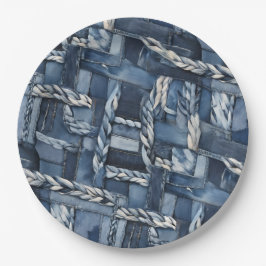 Dunkle gestörte Denim Patchwork und Braids Pappteller