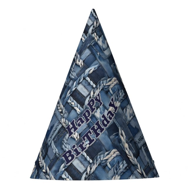 Dunkle gestörte Denim Patchwork und Braids Partyhütchen (Vorderseite)
