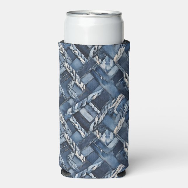 Dunkle gestörte Denim Patchwork und Braids Selters Dosenkühler (Seltzer Vorderseite)