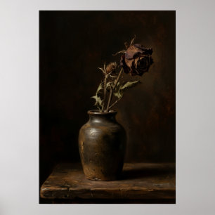 Dunkle getrocknete Rosen-Ton-Vase Stillleben Moody Poster