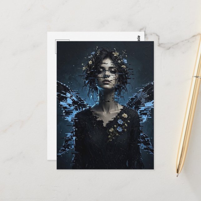 Dunkle Glitch Fee Mit Blumen Postkarte (Vorderseite/Rückseite Beispiel)
