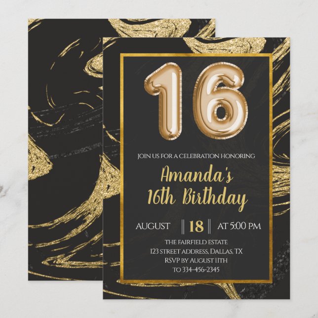 Dunkle Gold Marmor 16. Geburtstag Einladung (Vorne/Hinten)