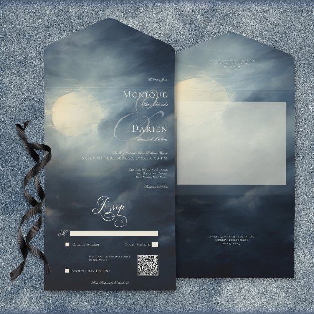 Dunkle Gothic Full Moon Night Sky QR Code All In One Einladung (Dark Gothic Full Moon Night Sky All In One Wedding Invitation with QR Code)