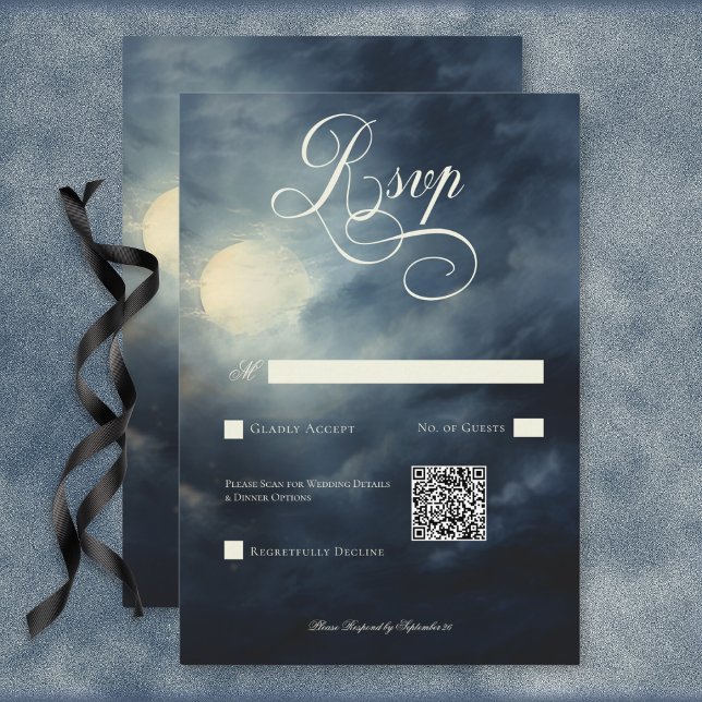 Dunkle Gothic Full Moon Night Sky Wedding QR Code RSVP Karte (Dark Gothic Full Moon Night Sky Wedding QR Code RSVP Card)