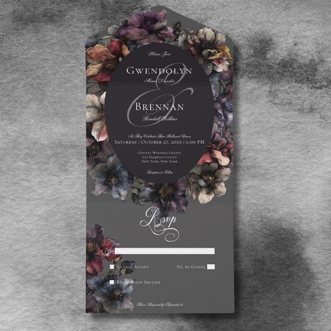 Dunkle Gothic Moody Aquarell Floral No Dinner All In One Einladung (Dark Gothic Moody Watercolor Floral No Dinner All In One Invitation)