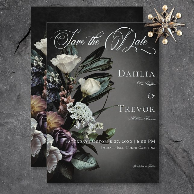 Dunkle Gothic mysteriös gemiedete Blurblüte Hochze Save The Date (Dark Gothic Mysterious Muted Floral Blur Wedding Save The Date)