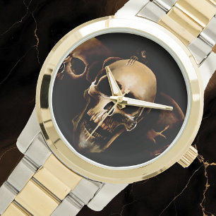 Dunkle Gothic-Totenköpfe Menschliche schwarze Drei Armbanduhr