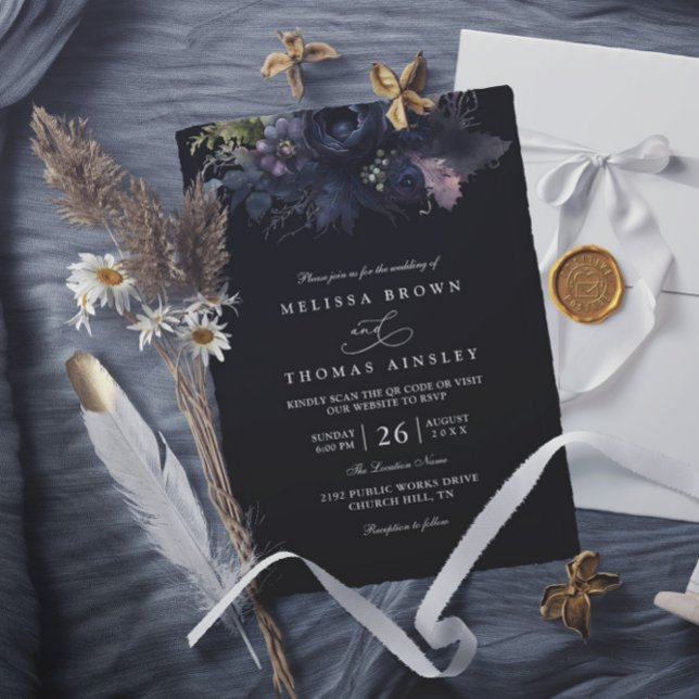 Dunkle gothische florale schwarze elegante QR-Code Einladung (Von Creator hochgeladen)