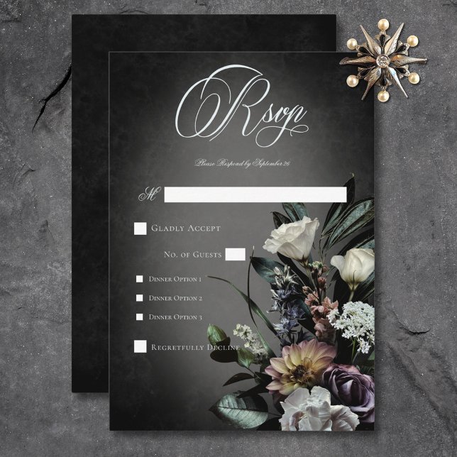 Dunkle Gotik mysteriös Mute Bloral Blur Dinner RSVP Karte (Dark Gothic Mysterious Muted Floral Blur Dinner RSVP Card)