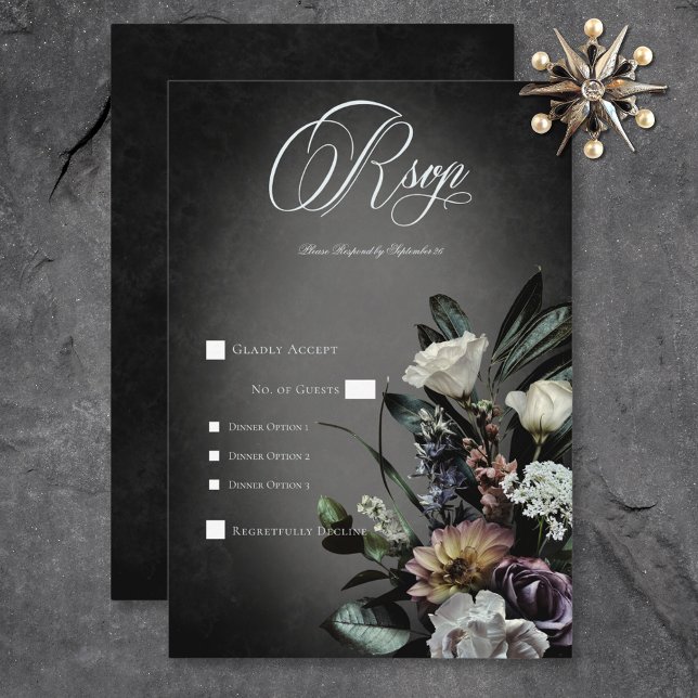 Dunkle Gotik mysteriös Mute Bloral Blur Dinner RSVP Karte (Dark Gothic Mysterious Muted Floral Blur Dinner RSVP Card)