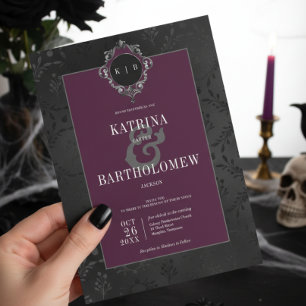 Dunkle gotische schwarze Blumen Satin Damast Wein  Einladung