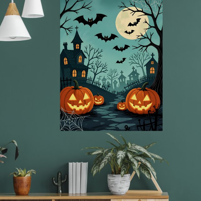 Dunkle Halloween-Landschaft mit Fledermäusen & Spi Poster (Wohnzimmer 1)