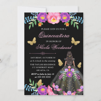 Dunkle Haut Frau mexikanische Blumenkleidung Quinc Einladung