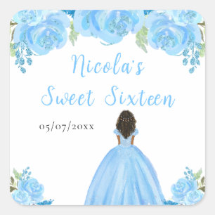 Dunkle Haut Prinzessin Blaue Blumen Sweet Sixteen Quadratischer Aufkleber