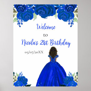 Dunkle Haut Prinzessin Blaue Florale Geburtstagsbe Poster