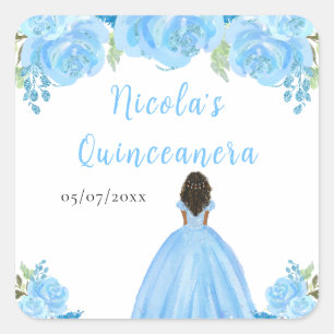 Dunkle Haut Prinzessin Blaue Florale Quinceanera Quadratischer Aufkleber