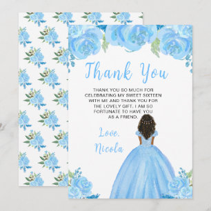 Dunkle Haut Prinzessin Blaue Florale Sweet Sixteen Dankeskarte
