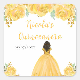Dunkle Haut Prinzessin Gold Blumen Quinceanera Quadratischer Aufkleber