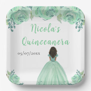 Dunkle Haut Prinzessin Mint Floral Quinceanera Pappteller