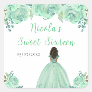 Dunkle Haut Prinzessin Minze Floral Sweet Sixteen Quadratischer Aufkleber