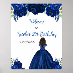 Dunkle Haut Prinzessin Navy Floral Geburtstags Wil Poster