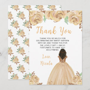 Dunkle Haut Prinzessin Peach Floral Sweet Sixteen Dankeskarte