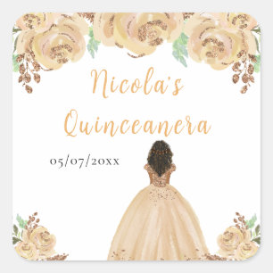 Dunkle Haut Prinzessin Peach Florale Quinceanera Quadratischer Aufkleber