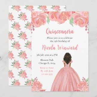 Dunkle Haut Prinzessin Pink Floral Quinceanera Einladung