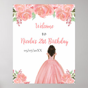Dunkle Haut Prinzessin Rosa Floral Geburtstags Wil Poster