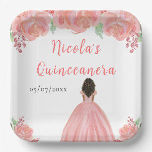 Dunkle Haut Prinzessin Rosa Florale Quinceanera Pappteller
