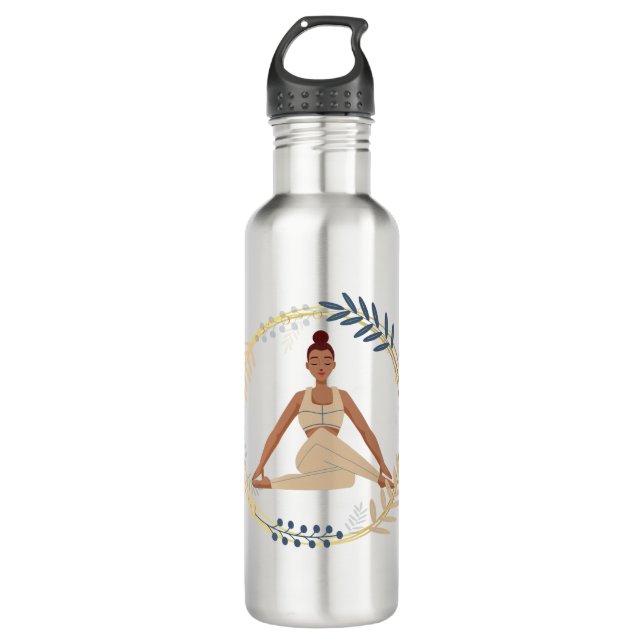 Dunkle Hautfrau Yoga Pose spirituelle goldene Blum Edelstahlflasche (Vorderseite)