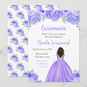 Dunkle Hautprinzessin Lila Blumenquinceanera Einladung
