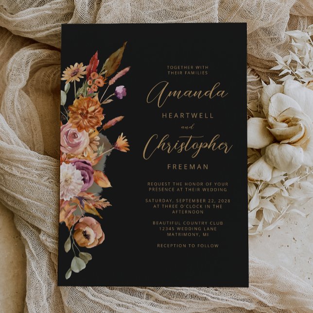 Dunkle Herbst-Blumen-Script-Hochzeit Einladung (Von Creator hochgeladen)
