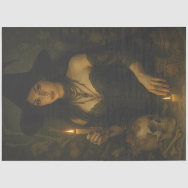 Dunkle Hexe mit Kerze und Skull Gothic Halloween Seidenpapier (Vorderseite)