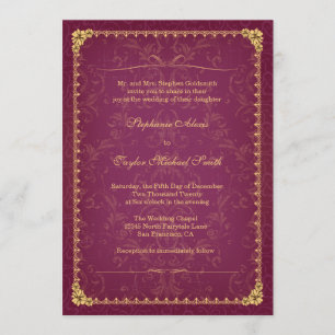 Dunkle Himbeere und goldene Hochzeitseinladung Einladung