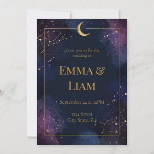 Dunkle himmlische Hochzeitseinladung Lila & Navy Einladung