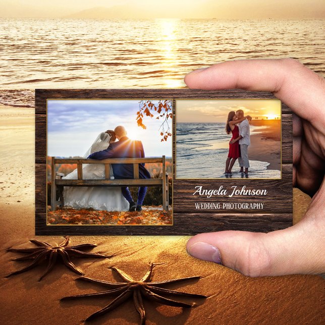 Dunkle Holzfotografen - VorlagenVisitenkarte Visitenkarte (Modern business card template showing your photos framed by a small gold lining on rustic dark wood)