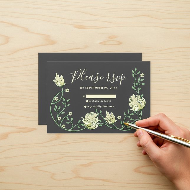 Dunkle hübsche Jugendstil-Blume rsvp-Karte RSVP Karte (Dark pretty art nouveau cream flowers rsvp response card.)