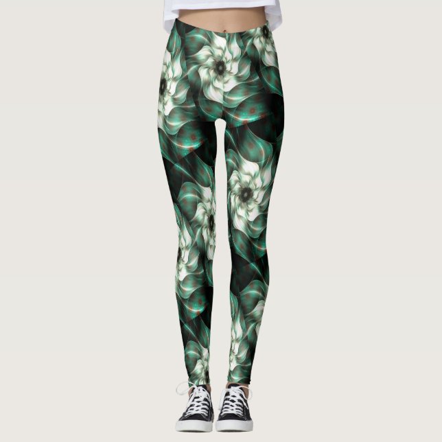 Dunkle Jade Grün und Weiß Fraktal Blume Abstrakt Leggings (Vorderseite)