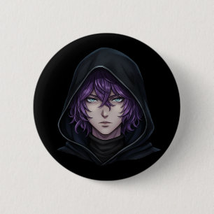 Dunkle Kapuzenjacke Anime-Junge mit lila Haar Button
