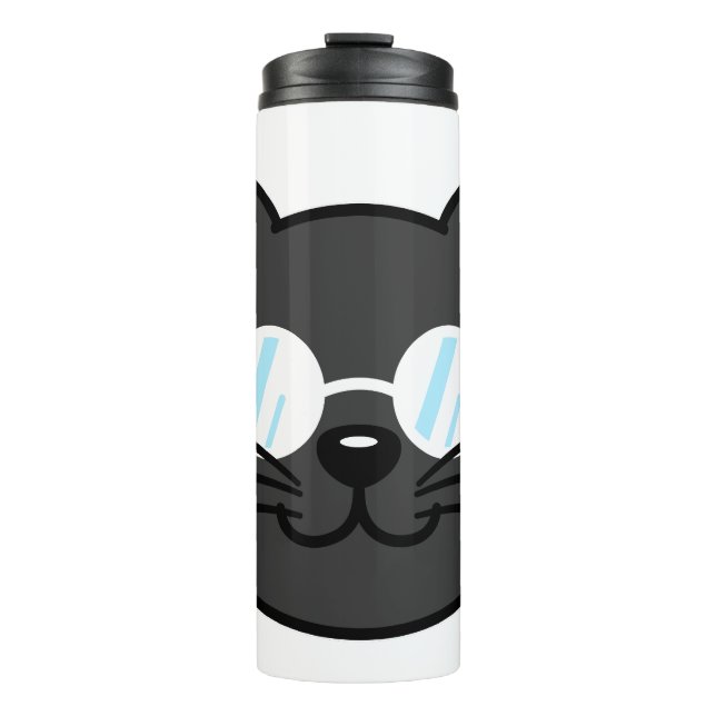 Dunkle Katze Schwarze Katze Gray Cat Tragen Brille Thermosbecher (Vorderseite)